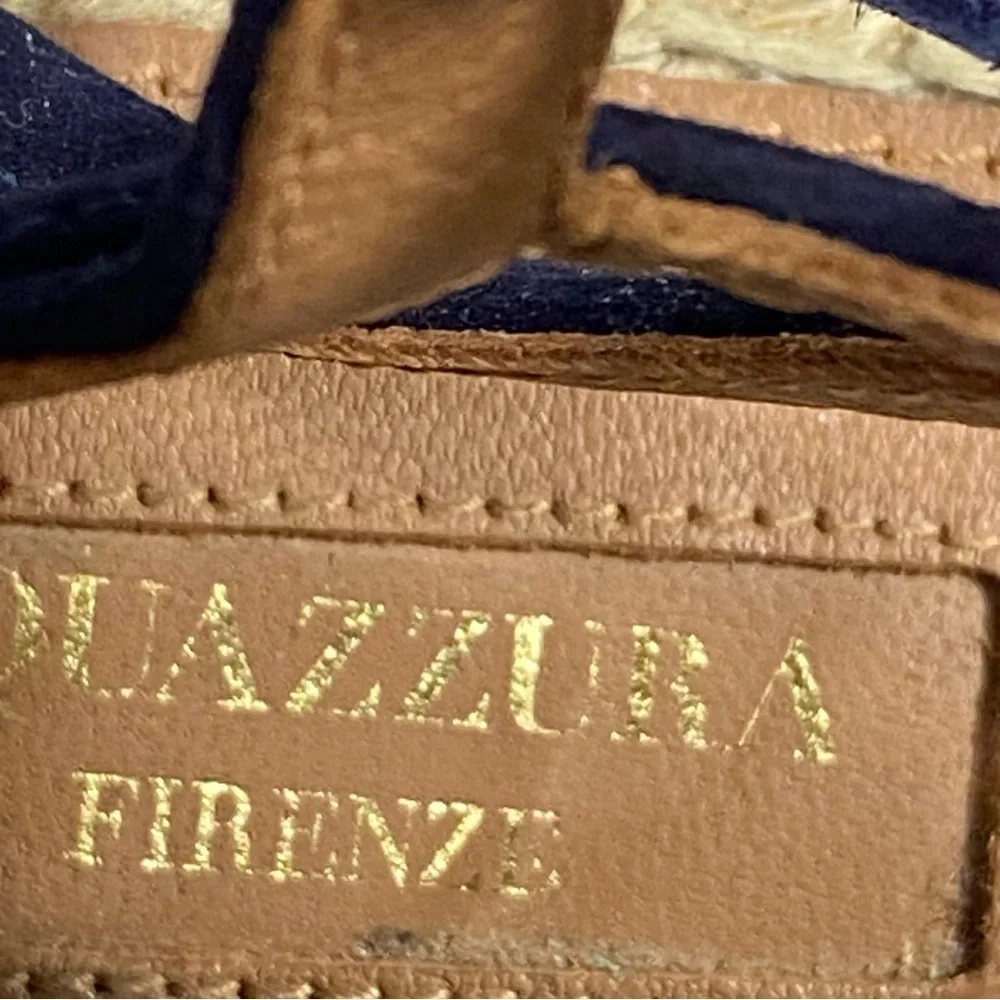 AQUAZZURA Belgravia Blue Suede Pom Pom Raffia Embroidered Woven Espadrilles